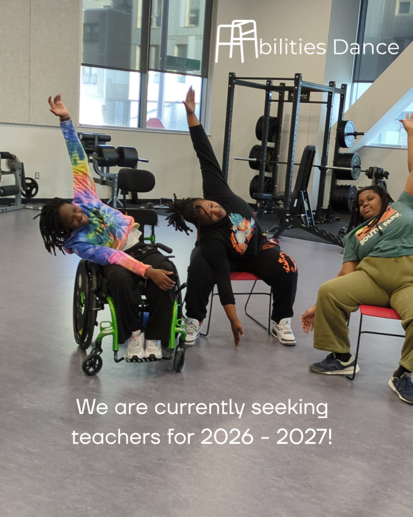 Image of two students and one para educator deeply bending to the left with one arm stretched up and the other stretched down. Text reads "We are currently seeking teachers for 2026 - 2027?"