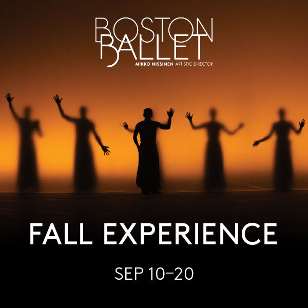 Promotional graphic for Boston Ballet's Fall Experience. Against a glowing amber backdrop, five silhouetted dancers stand with their arms raised, creating a dramatic, shadow-like effect. White text reads "Boston Ballet Fall Experience Sep 10–20."