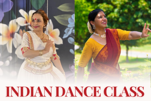 Two images side by side, each of a female presenting Indian dancer posing mid performance.