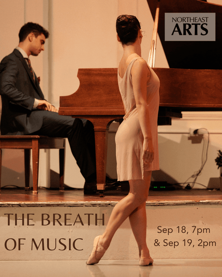 Dancer in ballet shoes poses back to the camera, facing a piano and pianist in the back of the photo. Text includes infromation about the event and the Northeast Arts logo.