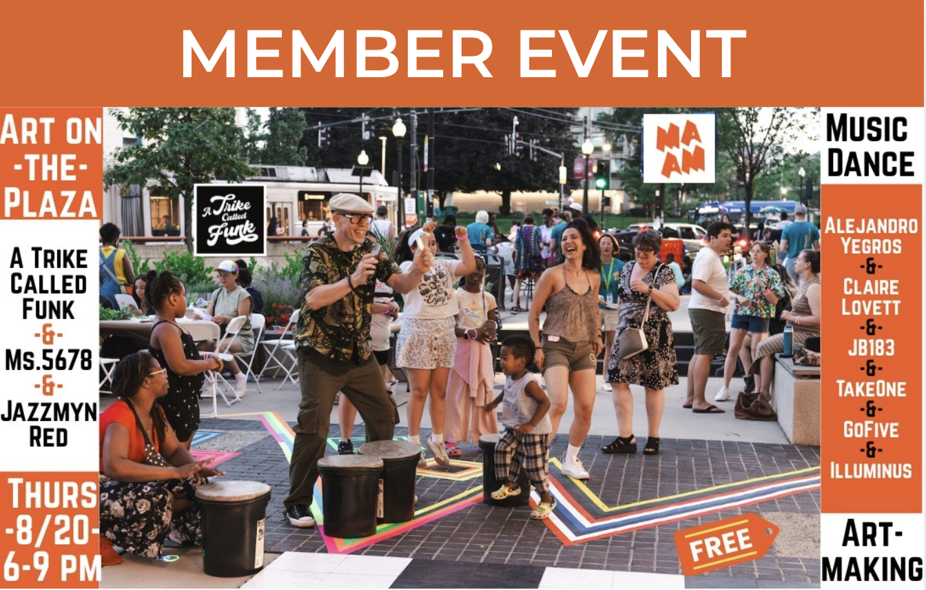 Image of many people outside engaged in movement, some sitting and some standing, one with a microphone. Text about the event surrounds the image.