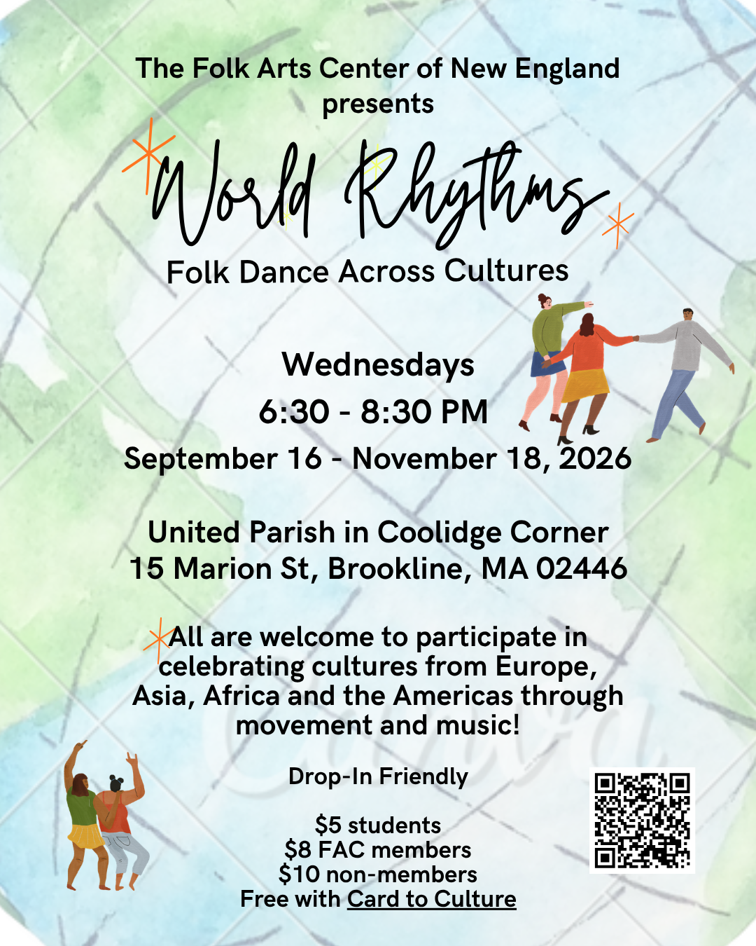 Poster with globe graphic background. Text has details about the event and small cartoon graphics of dancers.