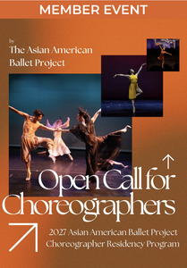 Poster advertising the opportunity including 3 images of AABP dancers on stage and text describing the residency.