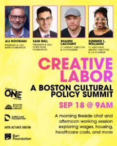 Flyer for the event featuring headshots of each of the four speakers, text about the event, and logos for Company One, the Boston Public Library, the Doris Duke Foundation, Arts Activate Boston, and the Barr Foundation.