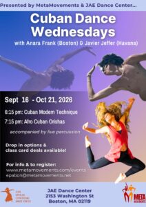 Event flyer for Cuban Dance Wednesdays with photos of Anara Frank and Javier Jeffer dancing and live percussion