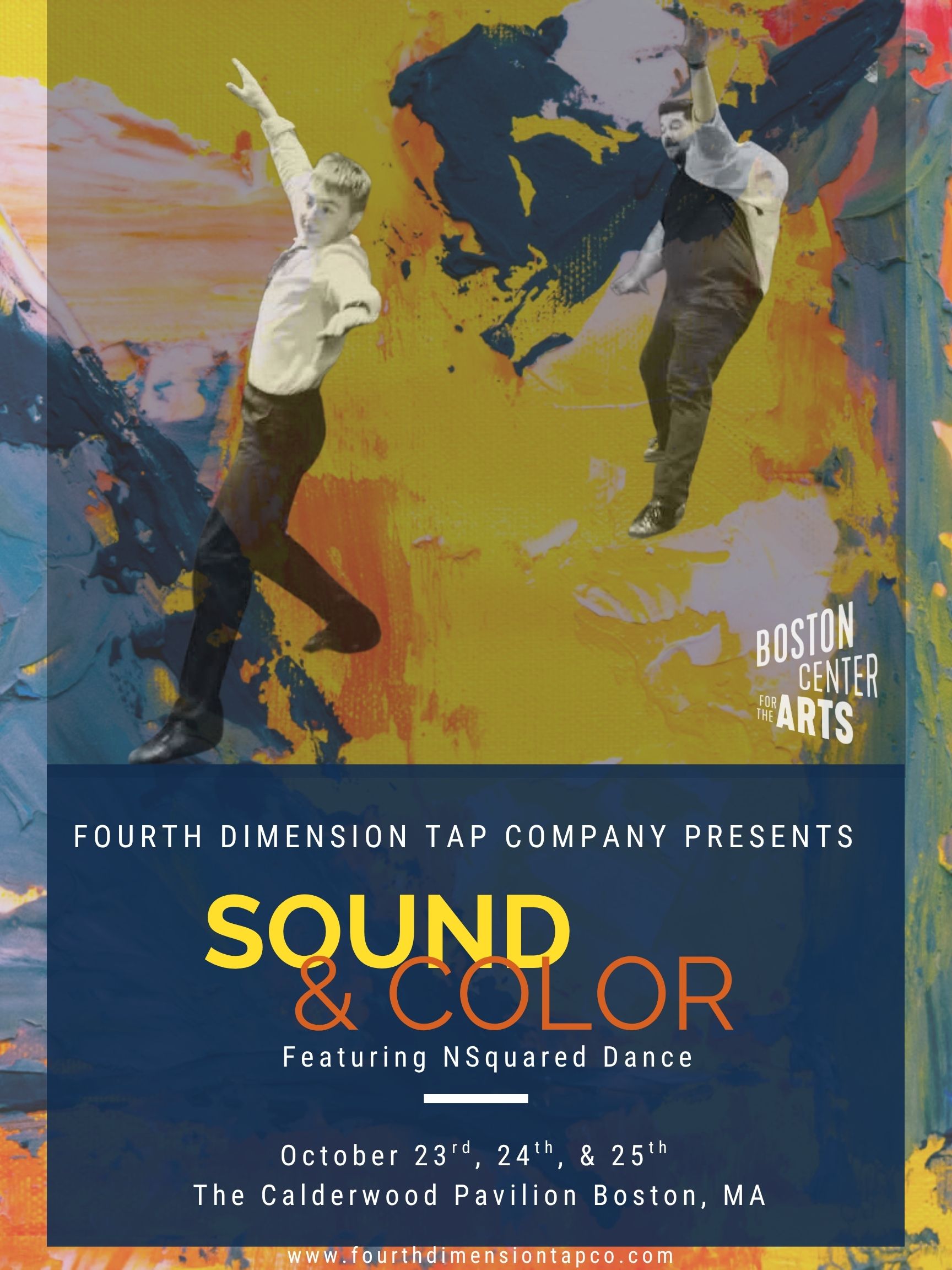 Two male dancers in an action shot sliding forward hands raised in tap shoes on a abstract multicolored painted background. Photo used as a graphic along with text to highlight upcoming Fourth Dimension Tap Company show, "Sound & Color."