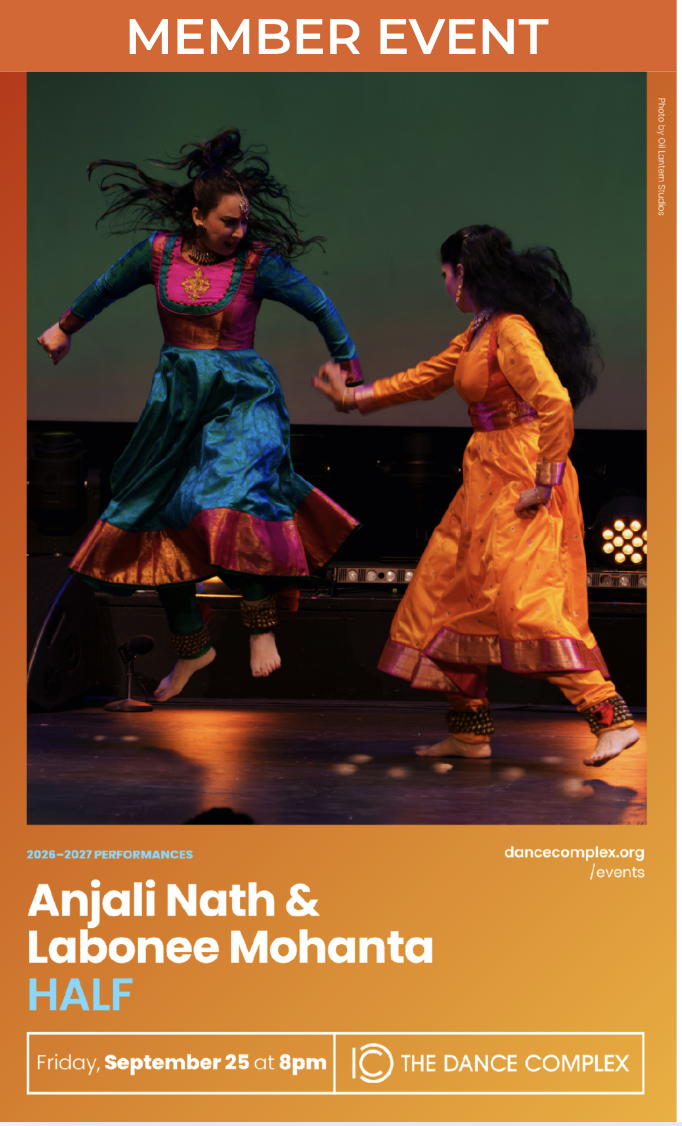 Image shows two dancers in vibrant attire holding hands mid movement. The image is captured from a performance. Text about the event and The Dance Complex logo are included.