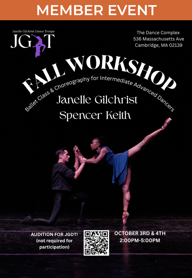 Image of two dancers onstage. One one pointe with leg extended behind leaning down to the other dancer who is on one knee holding hands. Text about the event, the JGDT logo, and a QR code.