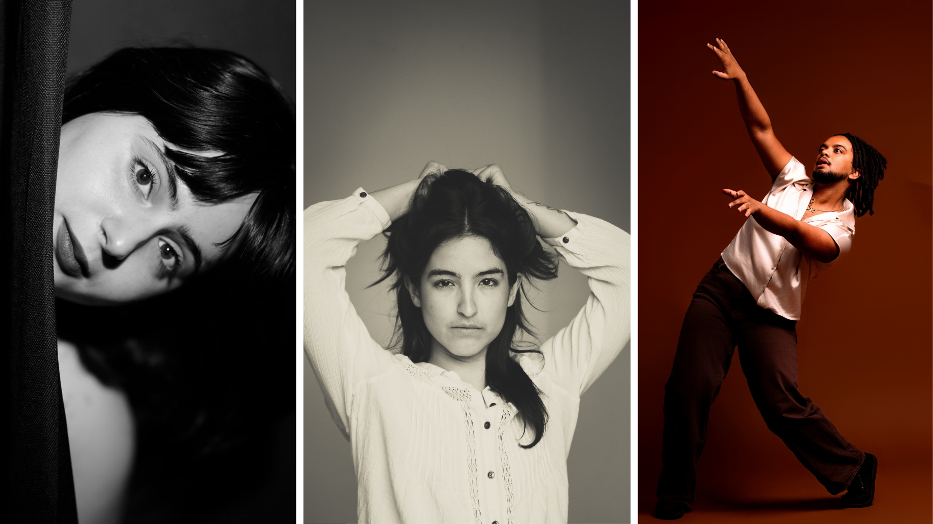 Three images side by side of the three choreographers. All are pictures from the waist up in movement poses.