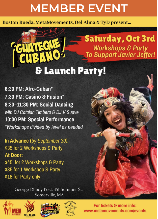 A dancer and instructor from Havana, Cuba (Javier Jeffer) is on the flyer dressed in costume as the Orisha named Eleggua. This flyer is announcing the launch party which includes dance workshops to celebrate and honor his upcoming online Orishas challenge on the Dance Secrets App.