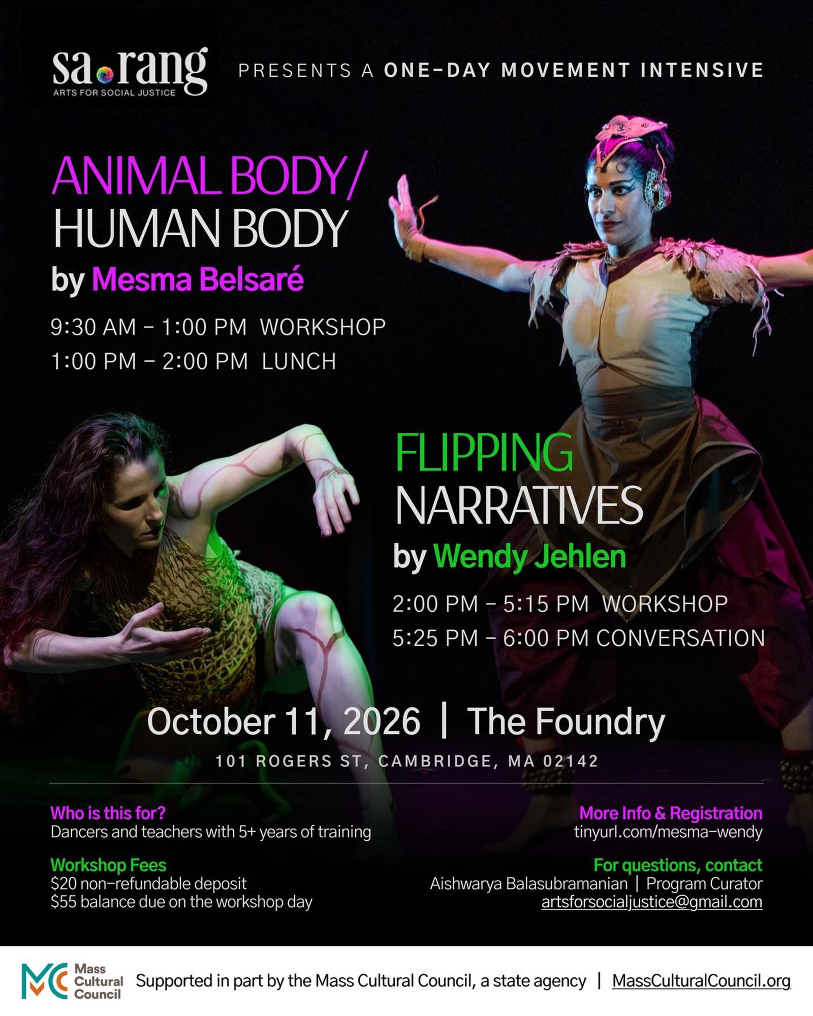 Promotional poster for a full-day Creative Experience Workshop and Conversation with Mesma Belsaré and Wendy Jehlen, presented by SarangArts on October 11, 2026, from 9:30 a.m. to 6:00 p.m. at The Foundry in Cambridge.