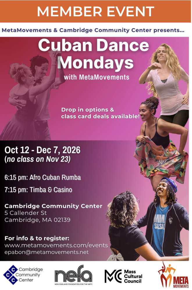 a few dancers are in solo or in partners throughout the flyer. The flyer is an announcement of the Monday dance workshops which begin Oct 12th
