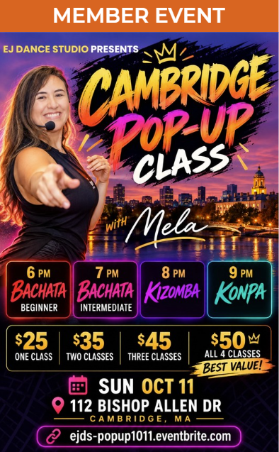 Colorful neon-style flyer for an EJ Dance Studio Cambridge Pop-Up Class with Mela on Sunday, October 11. The flyer features Mela smiling with a headset microphone against a vibrant Cambridge skyline at sunset.