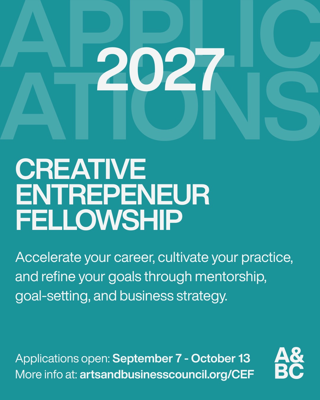 Flyer for the Creative Entrepreneur Fellowship. Text about the application process on a teal background.