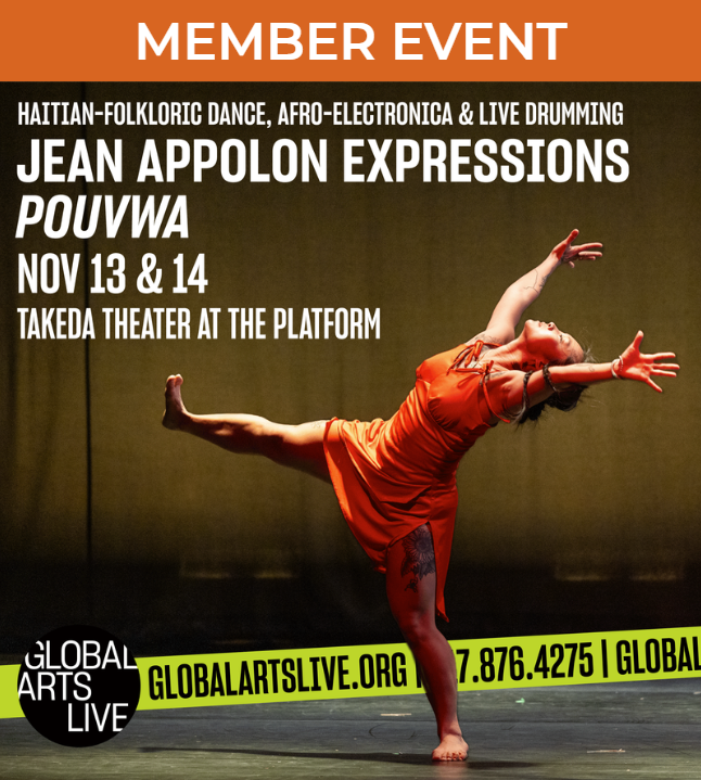 Promotional flyer for Jean Appolon Expressions’ Pouvwa, featuring JAE dancer IJ Chan onstage in a bright red-orange dress. She balances on one leg with the other extended straight behind her, her torso arched backward, head tilted toward the ceiling, and arms reaching wide in opposite directions with fingers spread. Dramatic red lighting illuminates her against a dark stage background. Bold white text reads “Jean Appolon Expressions,” “Pouvwa,” “Nov 13 & 14,” and “Takeda Theater at The Platform.” The flyer also includes the Global Arts Live logo and a bright yellow-green banner with the organization’s website and phone number.