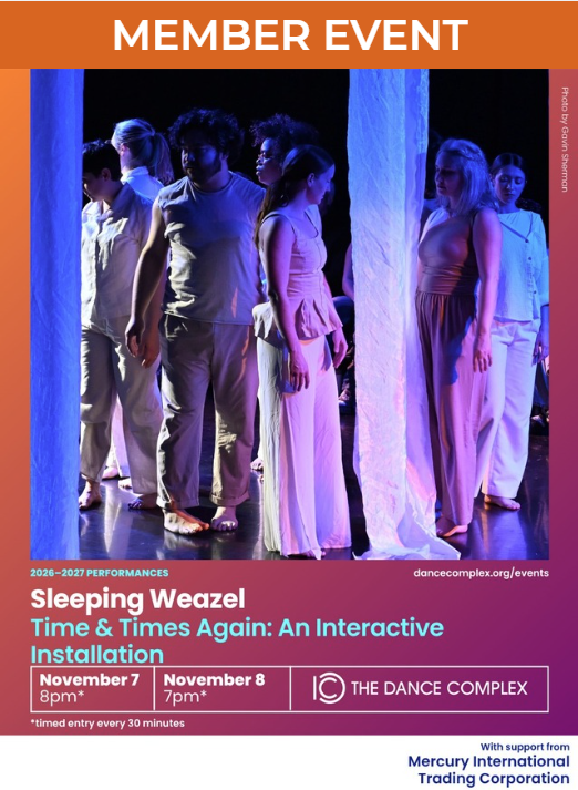 Flyer for the event featuring an image of a group of people in neautral colored clothing standing close together, facing different directions, with two pieces of cloth fabric hanging among them like pillars. Text about the event and the Dance Complex logo accompany the photo.